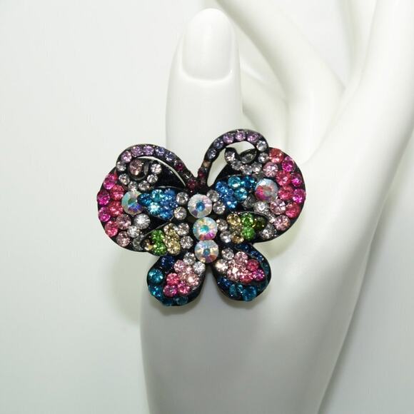 Butterfly Rhinestone Multicolored Stretch Ring, Fits 6 - 9 Stretch - Picture 6 of 8